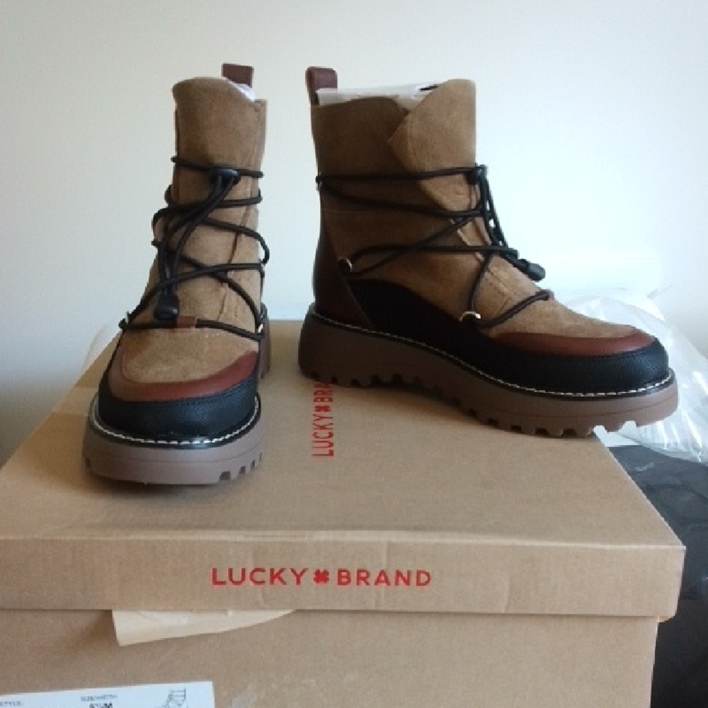 NWT NIB Lucky Brand Dark Natural and Black Suede Boots